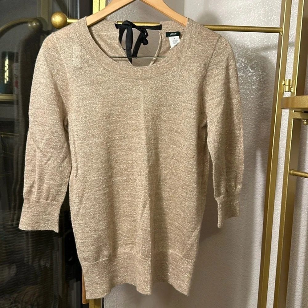 J Crew Gold Metallic Shimer Alpaca Blend Lightweight sweater top Tie Back sz Med